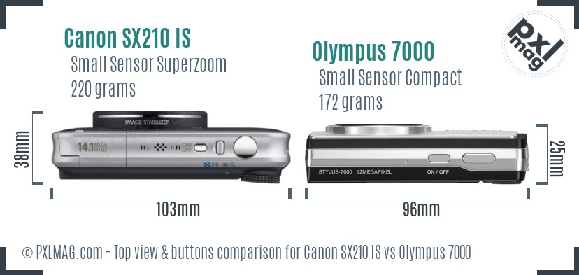 Canon SX210 IS vs Olympus 7000 top view buttons comparison