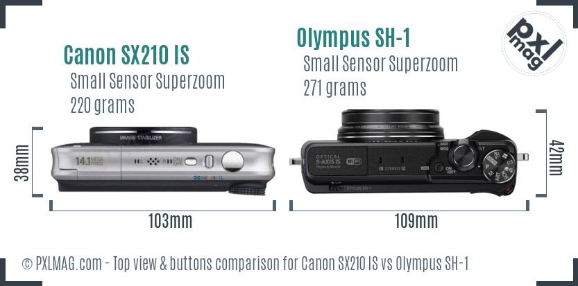 Canon SX210 IS vs Olympus SH-1 top view buttons comparison