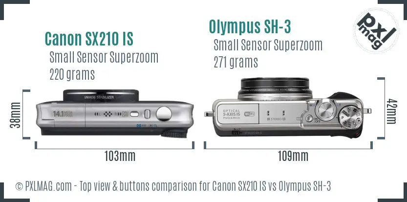 Canon SX210 IS vs Olympus SH-3 top view buttons comparison