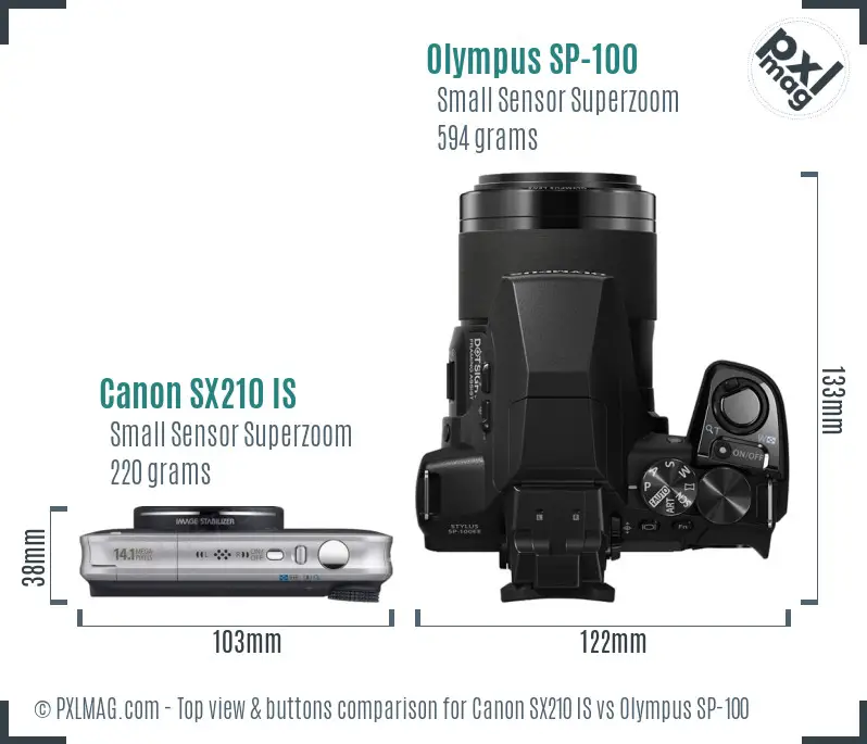 Canon SX210 IS vs Olympus SP-100 top view buttons comparison