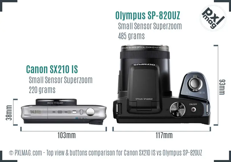 Canon SX210 IS vs Olympus SP-820UZ top view buttons comparison