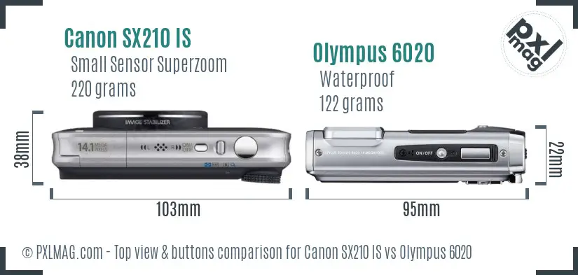 Canon SX210 IS vs Olympus 6020 top view buttons comparison Canon SX210 IS vs Olympus 6020 top view buttons comparison