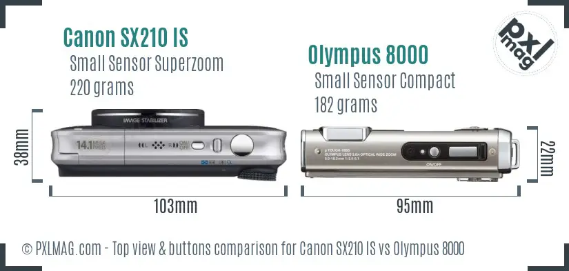 Canon SX210 IS vs Olympus 8000 top view buttons comparison Canon SX210 IS vs Olympus 8000 top view buttons comparison