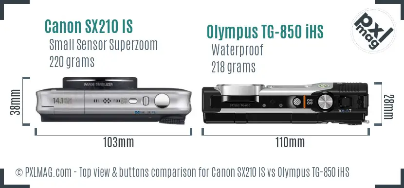 Canon SX210 IS vs Olympus TG-850 iHS top view buttons comparison Canon SX210 IS vs Olympus TG-850 iHS top view buttons comparison