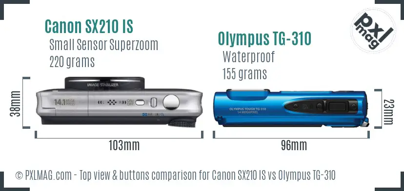 Canon SX210 IS vs Olympus TG-310 top view buttons comparison Canon SX210 IS vs Olympus TG-310 top view buttons comparison