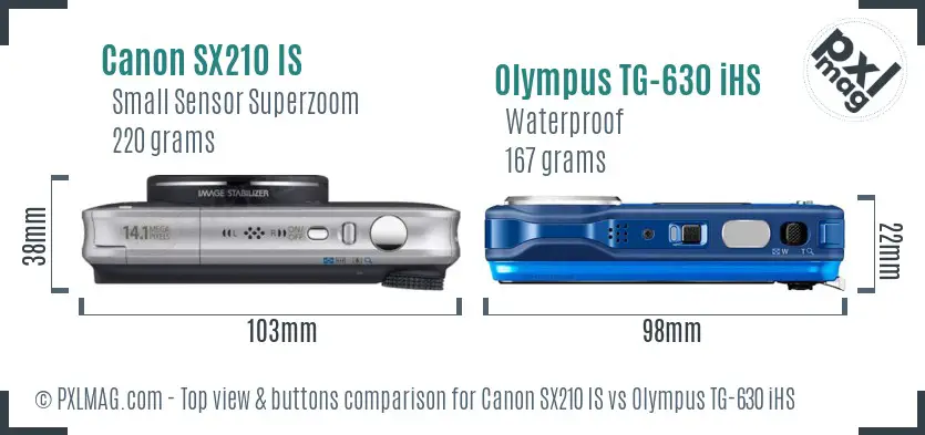 Canon SX210 IS vs Olympus TG-630 iHS top view buttons comparison