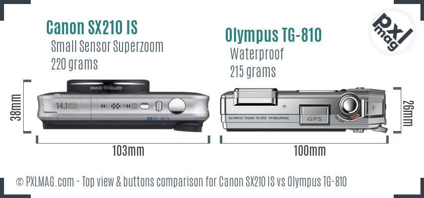 Canon SX210 IS vs Olympus TG-810 top view buttons comparison