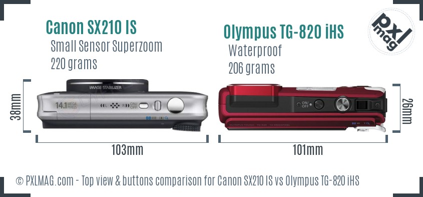 Canon SX210 IS vs Olympus TG-820 iHS top view buttons comparison