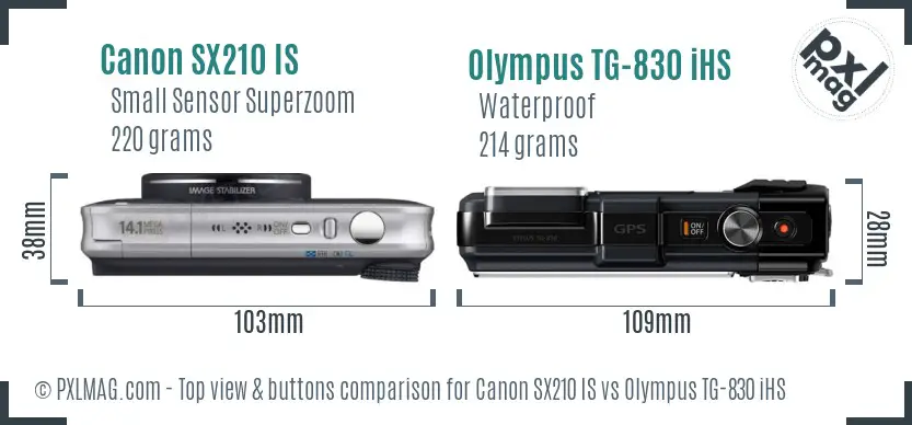 Canon SX210 IS vs Olympus TG-830 iHS top view buttons comparison Canon SX210 IS vs Olympus TG-830 iHS top view buttons comparison