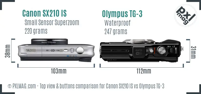 Canon SX210 IS vs Olympus TG-3 top view buttons comparison