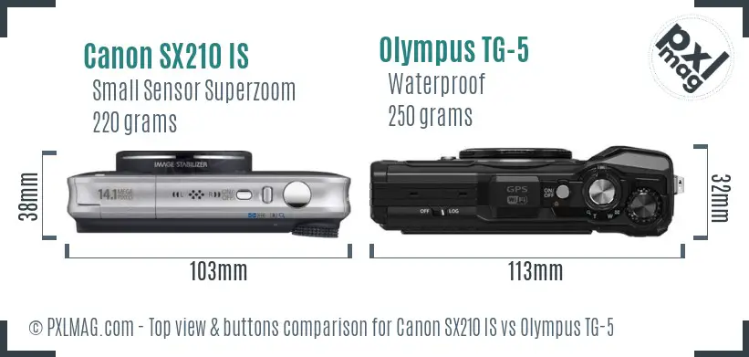 Canon SX210 IS vs Olympus TG-5 top view buttons comparison