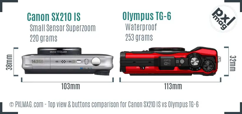 Canon SX210 IS vs Olympus TG-6 top view buttons comparison