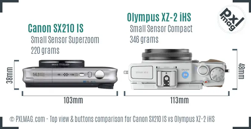 Canon SX210 IS vs Olympus XZ-2 iHS top view buttons comparison