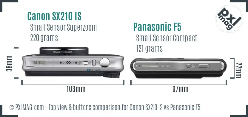 Canon SX210 IS vs Panasonic F5 top view buttons comparison