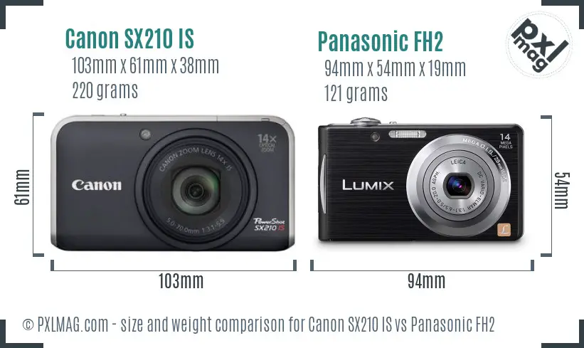 Canon SX210 IS vs Panasonic FH2 size comparison