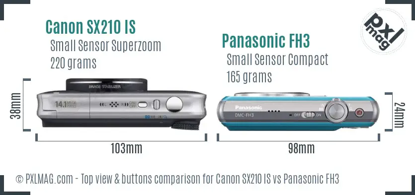 Canon SX210 IS vs Panasonic FH3 top view buttons comparison Canon SX210 IS vs Panasonic FH3 top view buttons comparison