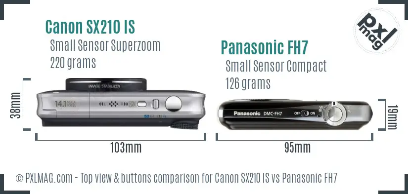 Canon SX210 IS vs Panasonic FH7 top view buttons comparison Canon SX210 IS vs Panasonic FH7 top view buttons comparison