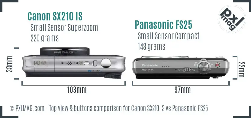 Canon SX210 IS vs Panasonic FS25 top view buttons comparison