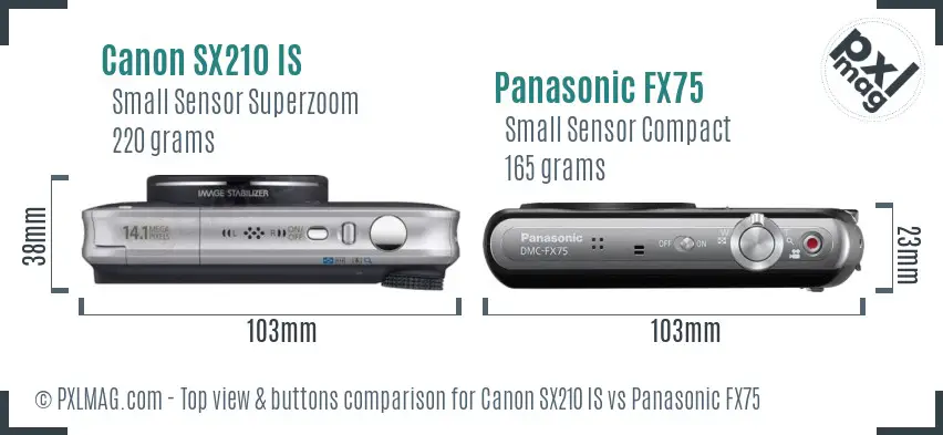 Canon SX210 IS vs Panasonic FX75 top view buttons comparison Canon SX210 IS vs Panasonic FX75 top view buttons comparison
