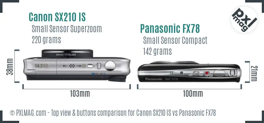 Canon SX210 IS vs Panasonic FX78 top view buttons comparison Canon SX210 IS vs Panasonic FX78 top view buttons comparison