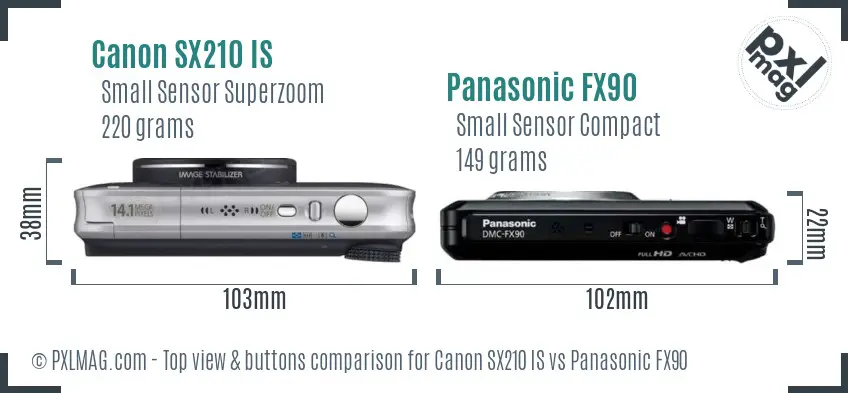 Canon SX210 IS vs Panasonic FX90 top view buttons comparison