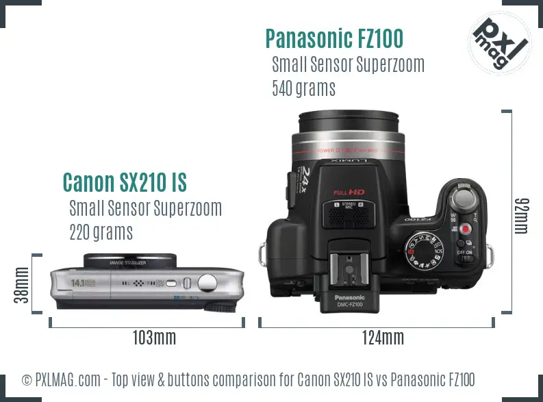 Canon SX210 IS vs Panasonic FZ100 top view buttons comparison