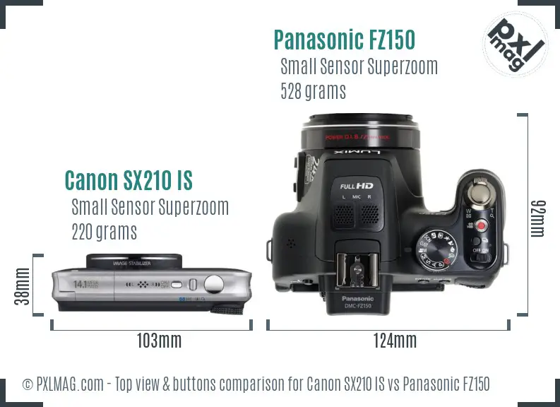 Canon SX210 IS vs Panasonic FZ150 top view buttons comparison