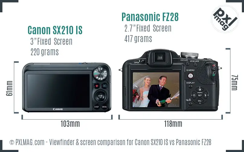 Canon SX210 IS vs Panasonic FZ28 Screen and Viewfinder comparison Canon SX210 IS vs Panasonic FZ28 Screen and Viewfinder comparison