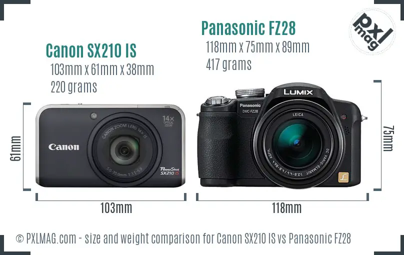 Canon SX210 IS vs Panasonic FZ28 size comparison Canon SX210 IS vs Panasonic FZ28 size comparison