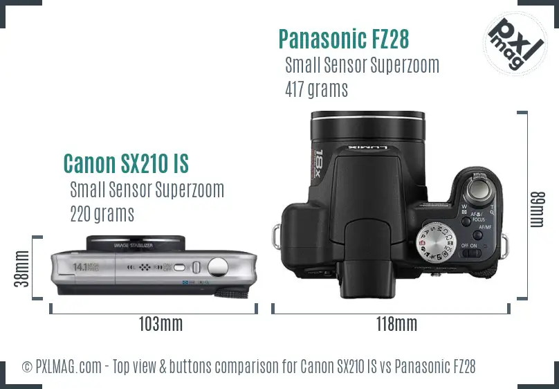 Canon SX210 IS vs Panasonic FZ28 top view buttons comparison Canon SX210 IS vs Panasonic FZ28 top view buttons comparison