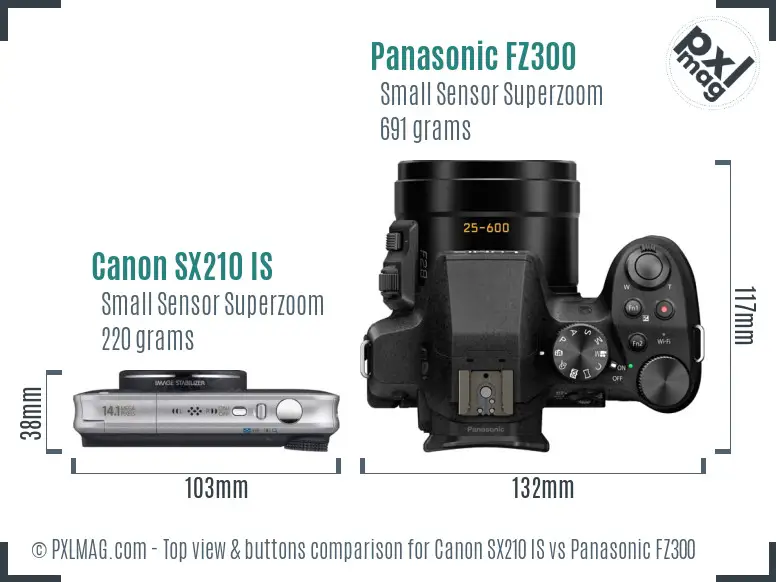 Canon SX210 IS vs Panasonic FZ300 top view buttons comparison