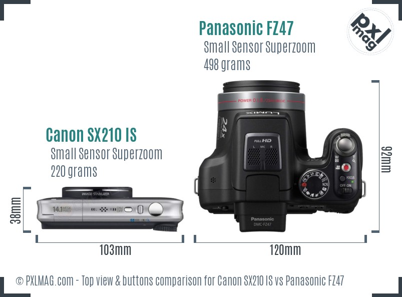 Canon SX210 IS vs Panasonic FZ47 top view buttons comparison