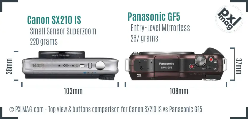 Canon SX210 IS vs Panasonic GF5 top view buttons comparison