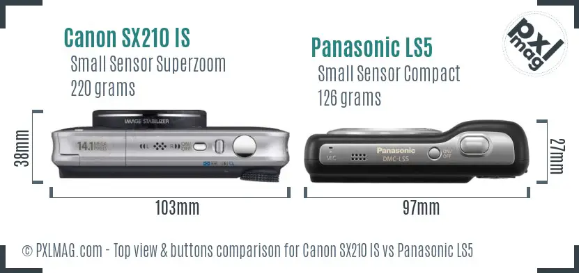 Canon SX210 IS vs Panasonic LS5 top view buttons comparison