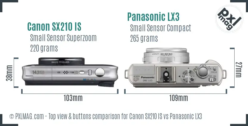 Canon SX210 IS vs Panasonic LX3 top view buttons comparison