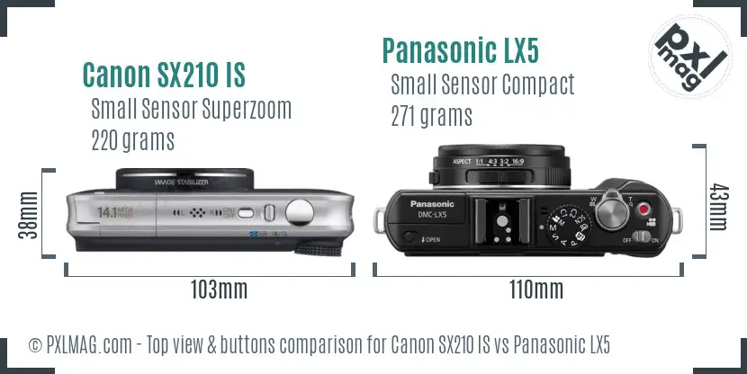 Canon SX210 IS vs Panasonic LX5 top view buttons comparison