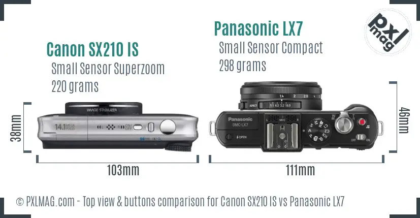 Canon SX210 IS vs Panasonic LX7 top view buttons comparison