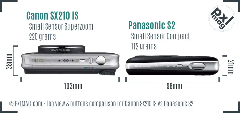 Canon SX210 IS vs Panasonic S2 top view buttons comparison