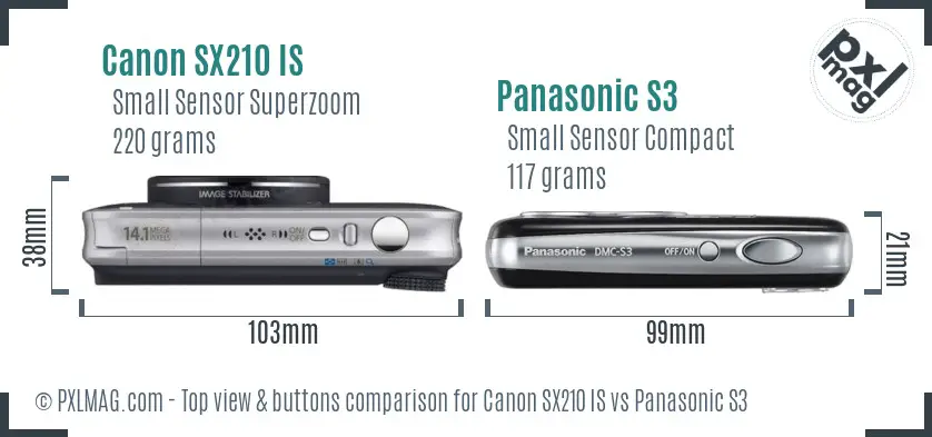 Canon SX210 IS vs Panasonic S3 top view buttons comparison