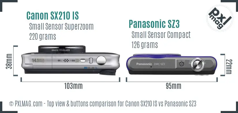 Canon SX210 IS vs Panasonic SZ3 top view buttons comparison Canon SX210 IS vs Panasonic SZ3 top view buttons comparison