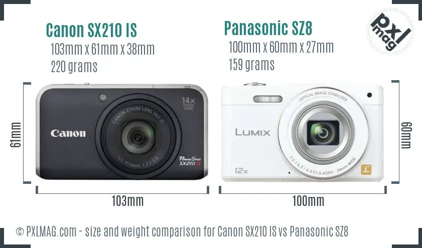 Canon SX210 IS vs Panasonic SZ8 size comparison