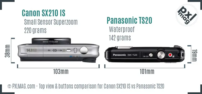 Canon SX210 IS vs Panasonic TS20 top view buttons comparison Canon SX210 IS vs Panasonic TS20 top view buttons comparison