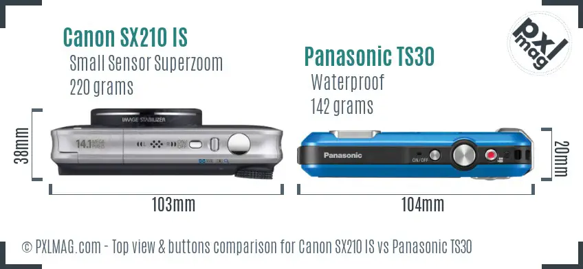 Canon SX210 IS vs Panasonic TS30 top view buttons comparison Canon SX210 IS vs Panasonic TS30 top view buttons comparison
