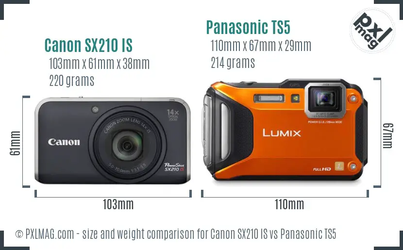 Canon SX210 IS vs Panasonic TS5 size comparison