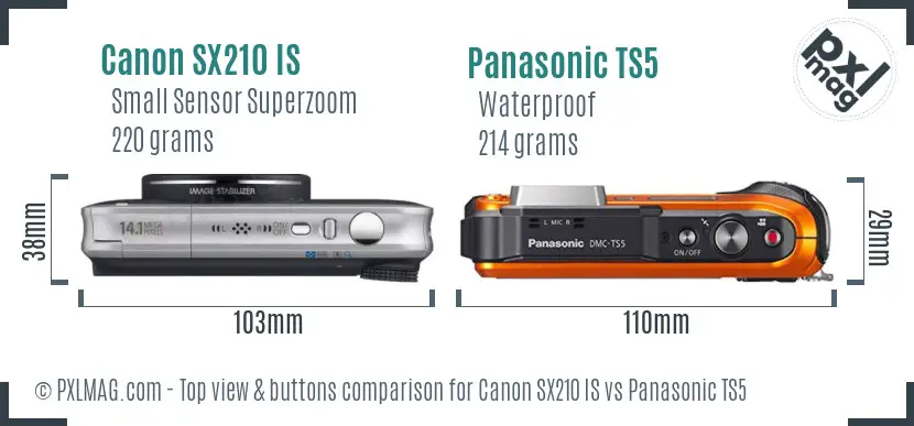 Canon SX210 IS vs Panasonic TS5 top view buttons comparison