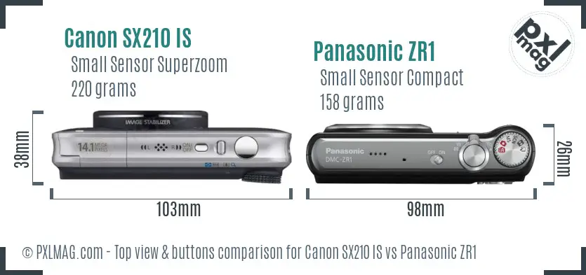Canon SX210 IS vs Panasonic ZR1 top view buttons comparison Canon SX210 IS vs Panasonic ZR1 top view buttons comparison