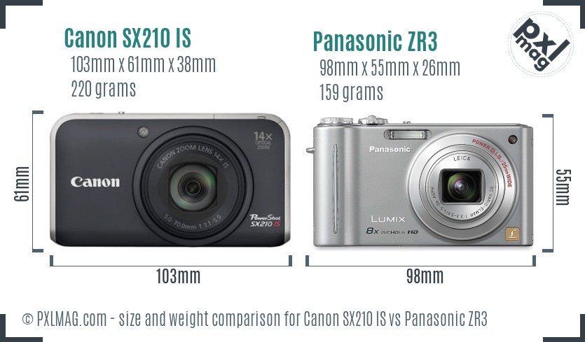 Canon SX210 IS vs Panasonic ZR3 size comparison Canon SX210 IS vs Panasonic ZR3 size comparison