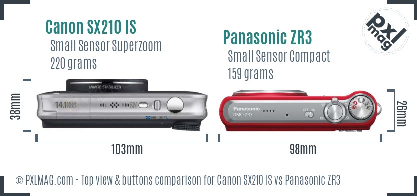 Canon SX210 IS vs Panasonic ZR3 top view buttons comparison