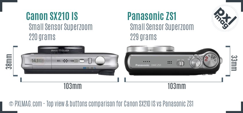 Canon SX210 IS vs Panasonic ZS1 top view buttons comparison