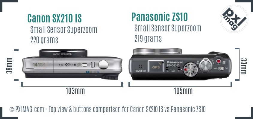 Canon SX210 IS vs Panasonic ZS10 top view buttons comparison